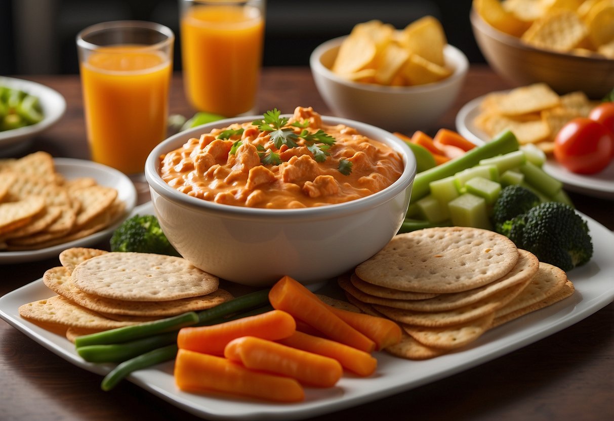 A table adorned with buffalo chicken dip, surrounded by assorted crackers, chips, and veggies. Decorative signs and utensils are neatly arranged