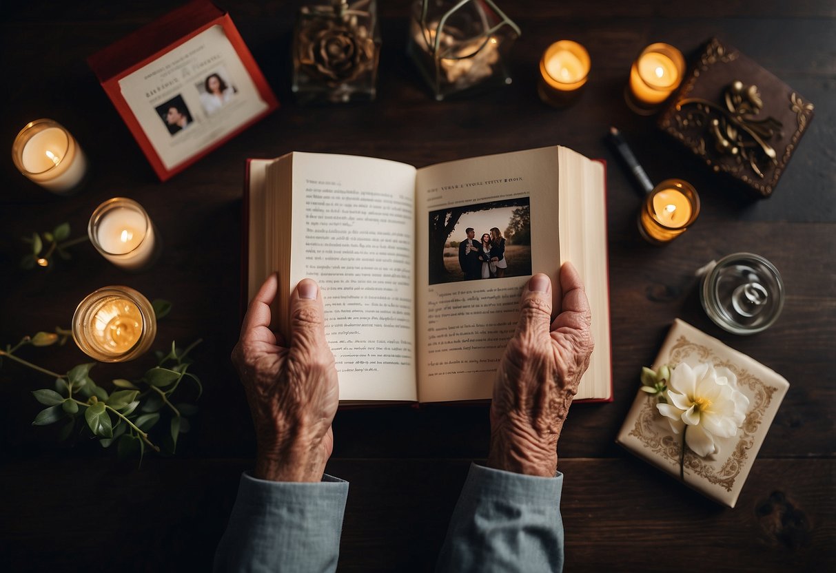 A couple's hands holding a personalized love story book, surrounded by photos and mementos from their 70 years of marriage