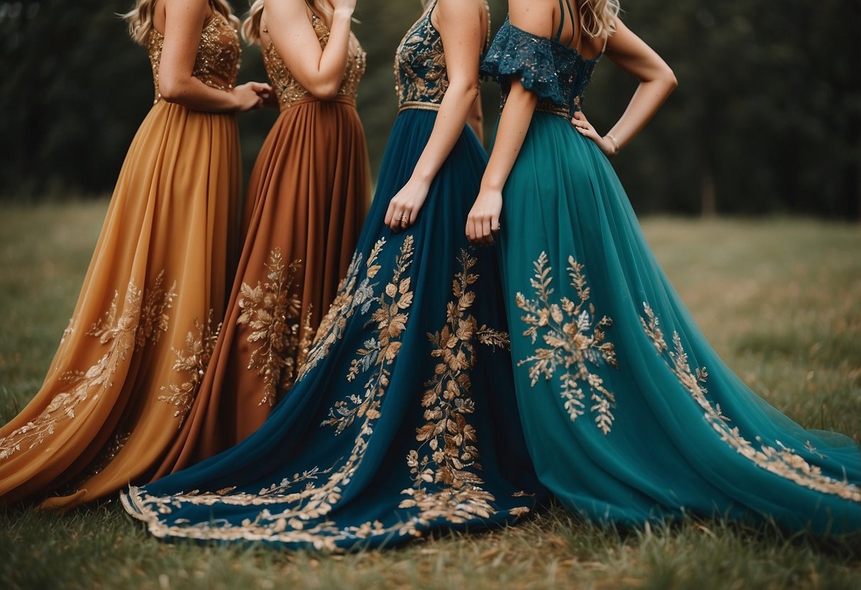 Vibrant, flowing bridesmaids dresses in rich, earthy tones with intricate Nordic-inspired embroidery and metal accents