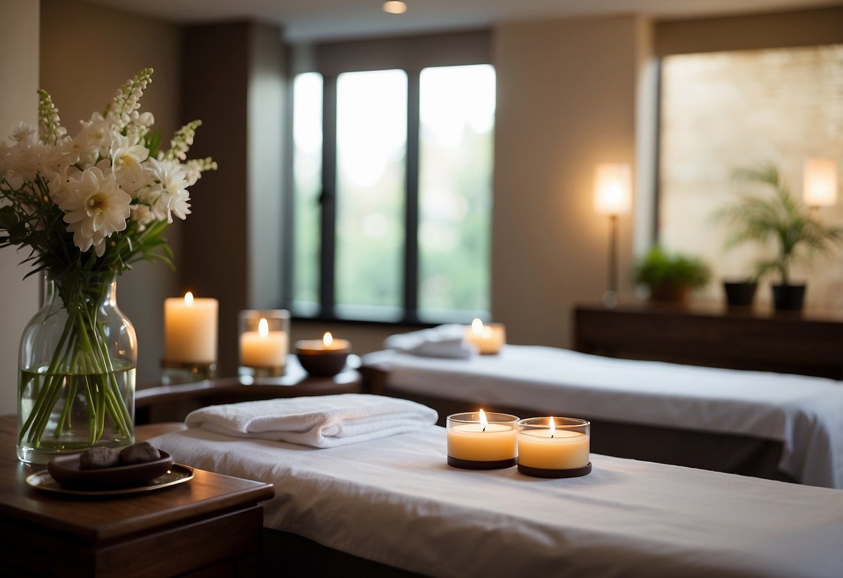 A serene spa room with two massage tables, soft lighting, and relaxing music. Aromatherapy scents fill the air, and a vase of fresh flowers sits on a table