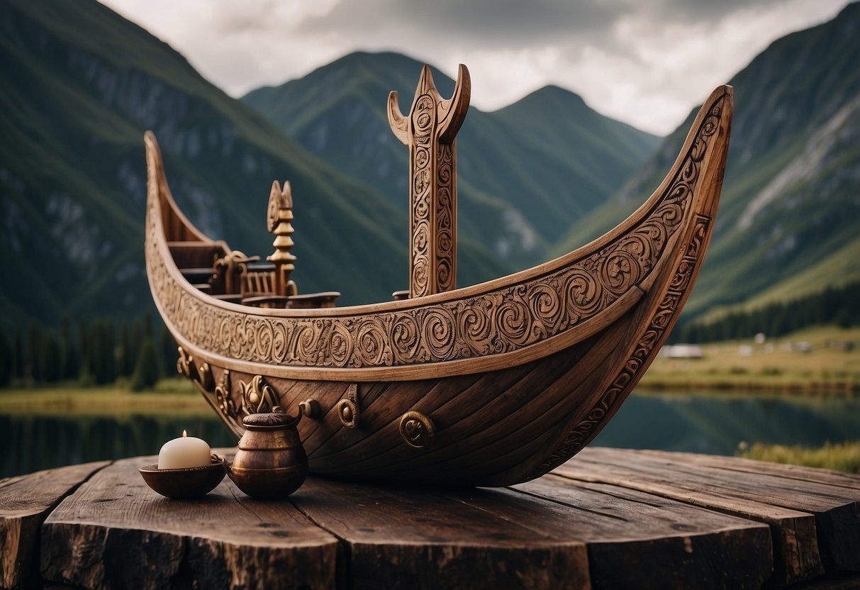 A Viking longship adorned with intricate carvings, surrounded by rugged mountains and a dramatic sky, with a ceremonial altar at the center of the deck