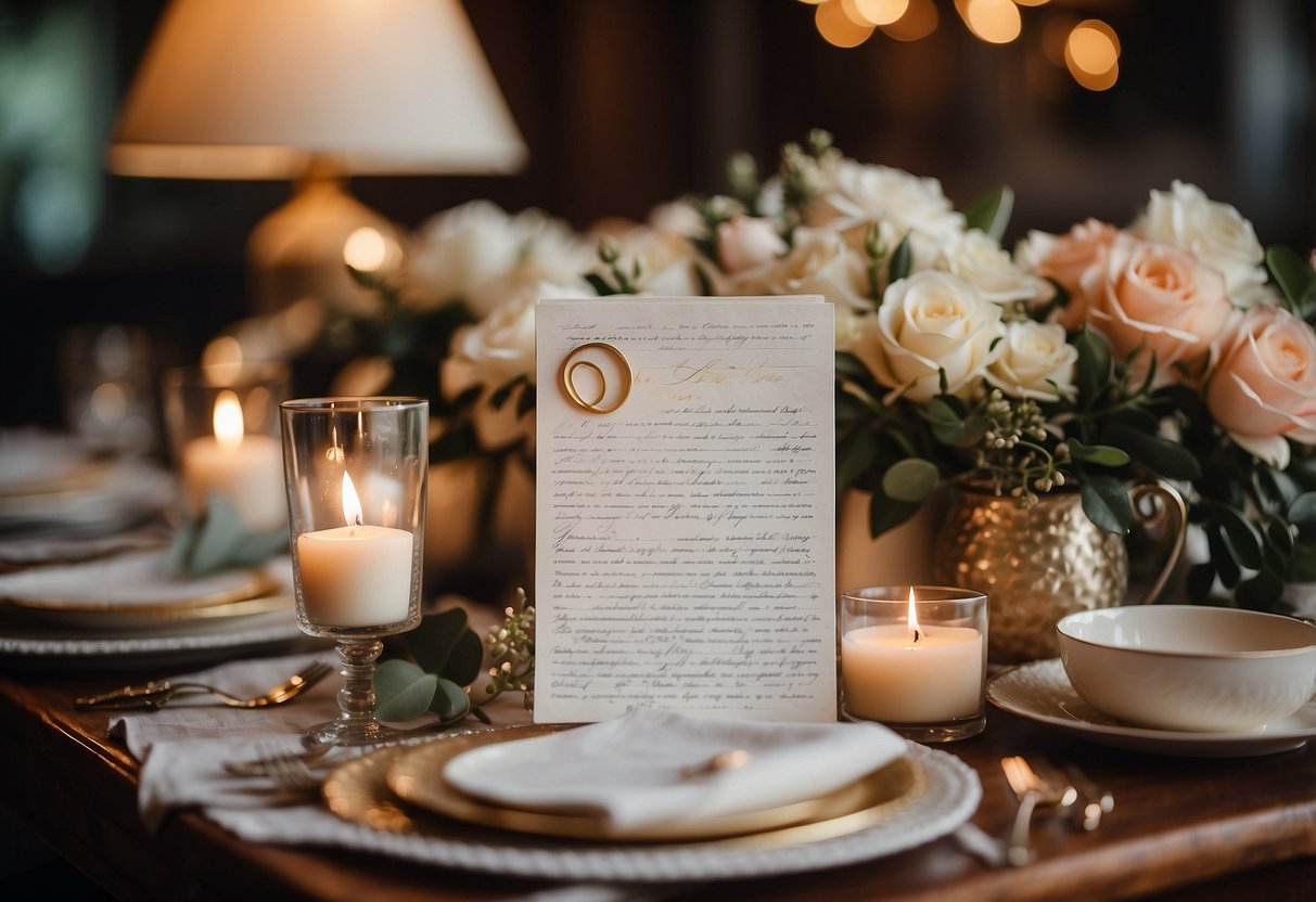 A table adorned with handwritten love letters, surrounded by decor and memorabilia for a 70th wedding anniversary celebration