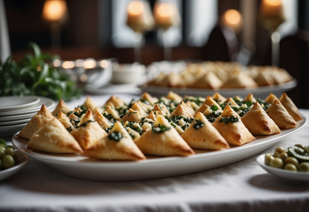 A table adorned with neatly arranged Spanakopita Triangles, surrounded by elegant wedding appetizers