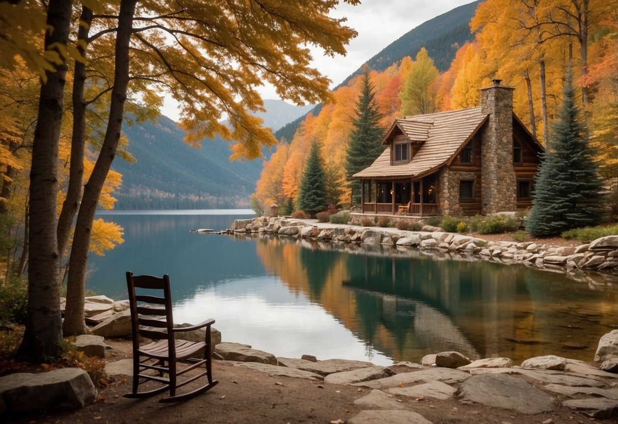 A cozy cabin nestled in the mountains, surrounded by vibrant autumn foliage. A crackling fire in the stone fireplace, with two rocking chairs on the porch overlooking a serene lake