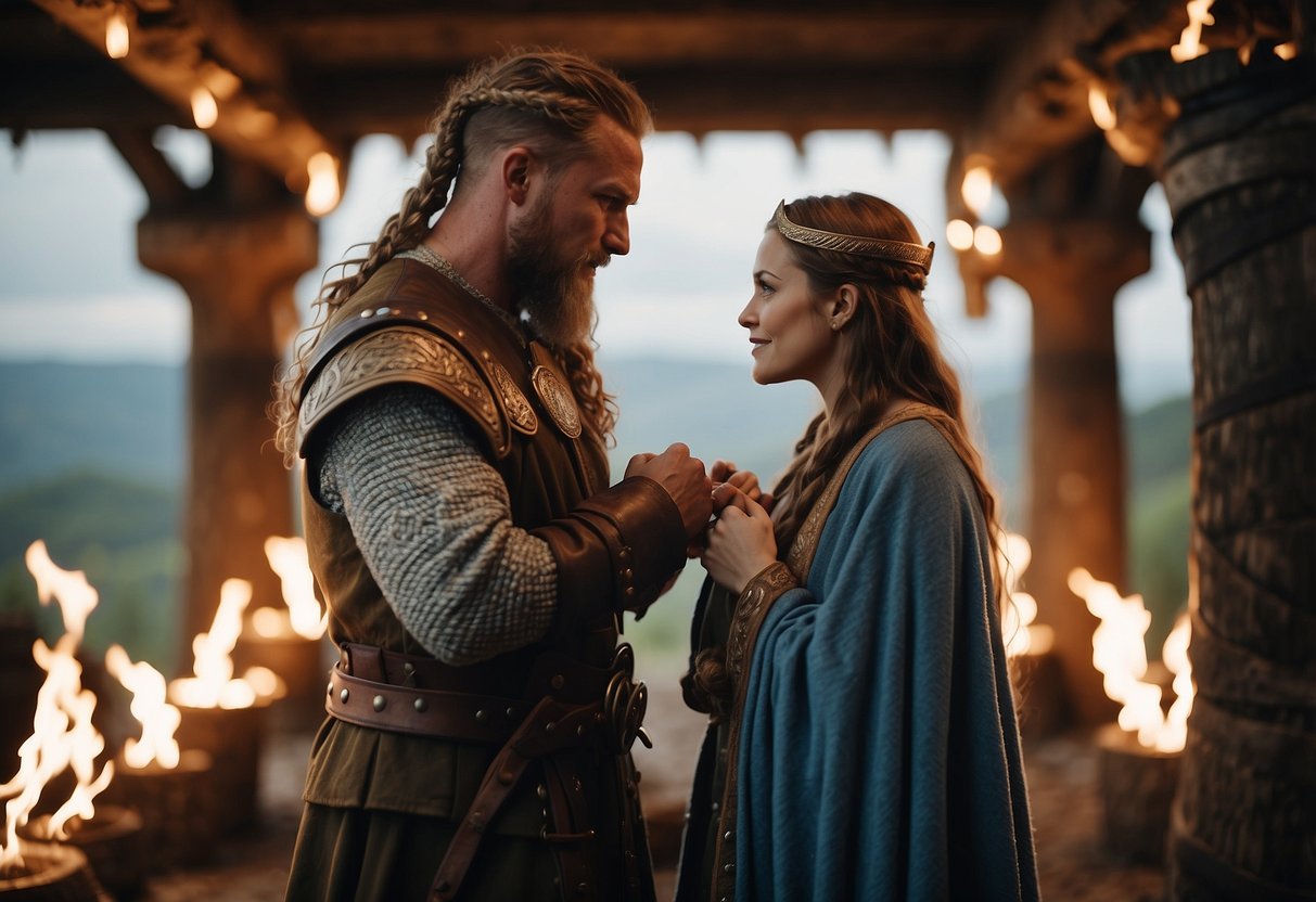 Viking couple exchange rings under a ceremonial arch, surrounded by torches and a gathering of their clan