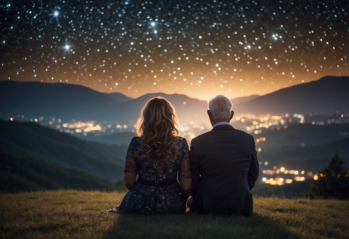 A couple sits under a starry sky, surrounded by a personalized star map highlighting the night of their 70th wedding anniversary