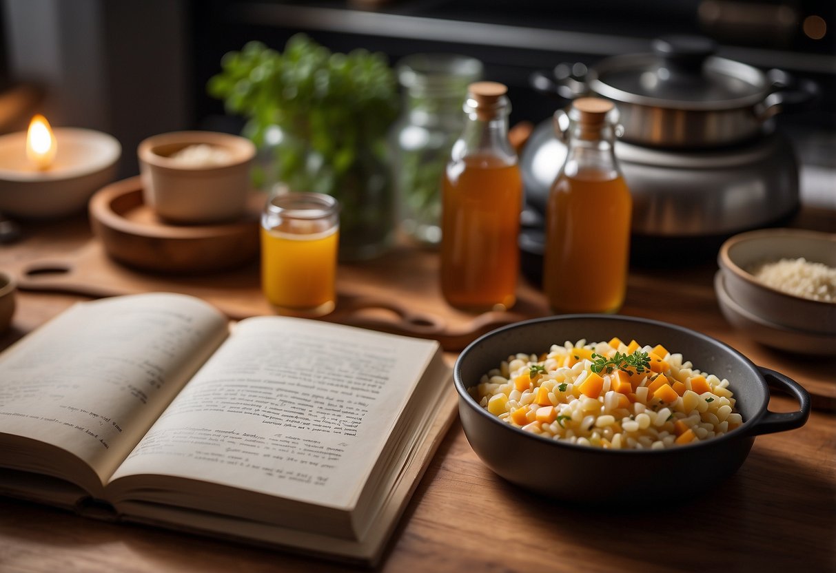 A cozy kitchen with two sets of ingredients and cookware laid out on a wooden countertop. A recipe book open to a page with handwritten notes. A warm, inviting atmosphere