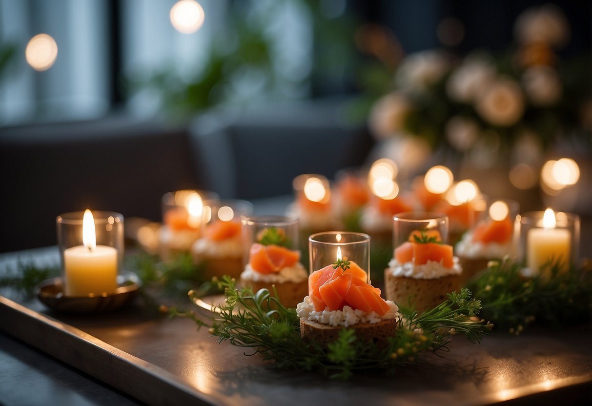 A table adorned with elegant smoked salmon canapés, surrounded by delicate floral arrangements and soft candlelight