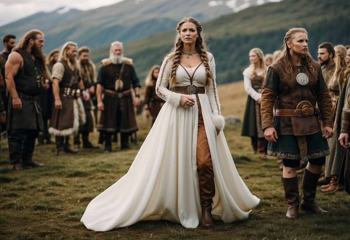 Viking wedding attire: fur-lined tunics, leather belts, and intricate brooches. Long, flowing skirts and tall boots complete the look