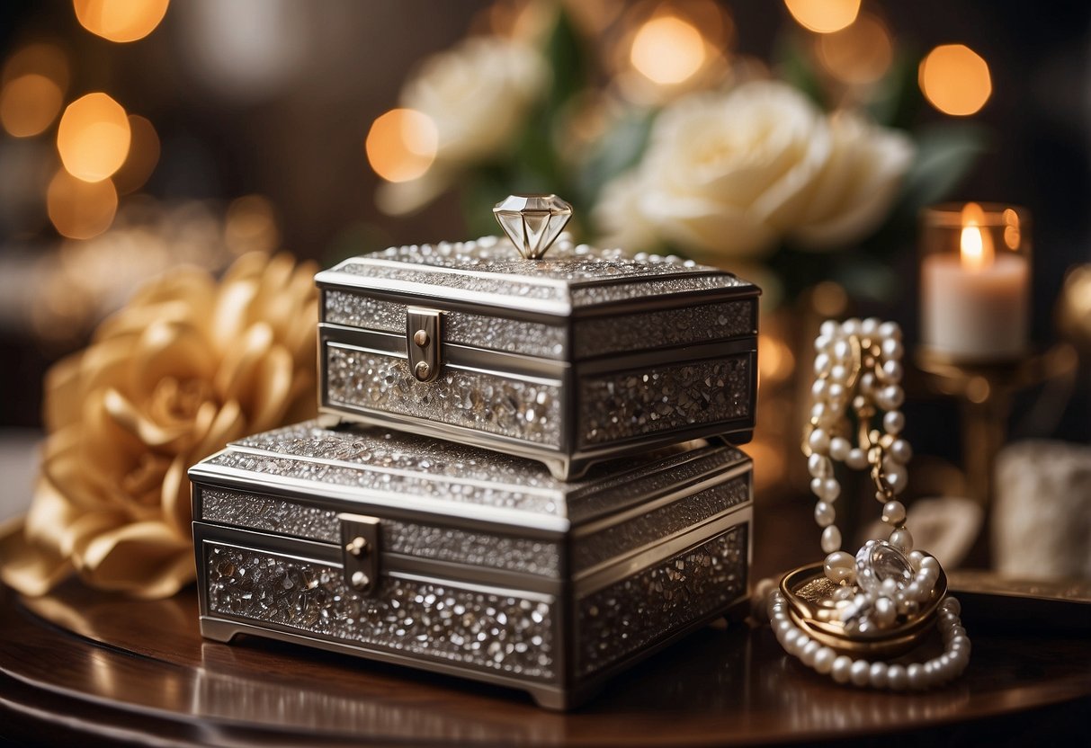 A beautifully set table with two elegant jewelry boxes, one for him and one for her, surrounded by 70th anniversary decorations