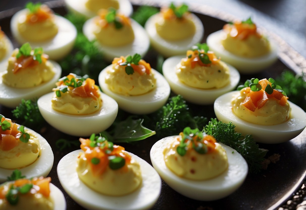 A platter of deviled eggs with unique toppings, displayed on a decorated table at a wedding reception