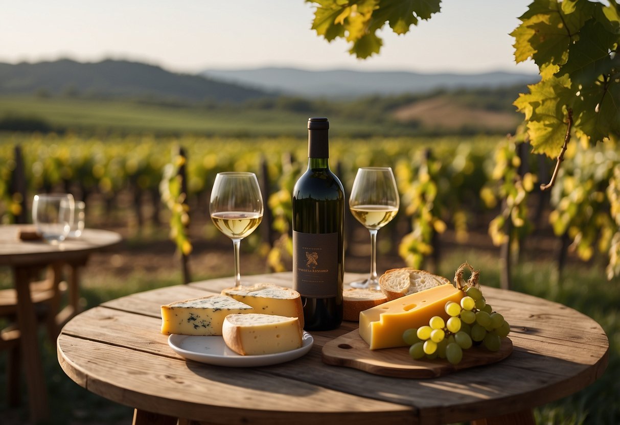 A table set with various wine bottles, glasses, and cheese platters. Vineyard landscape in the background with a couple celebrating their 70th anniversary