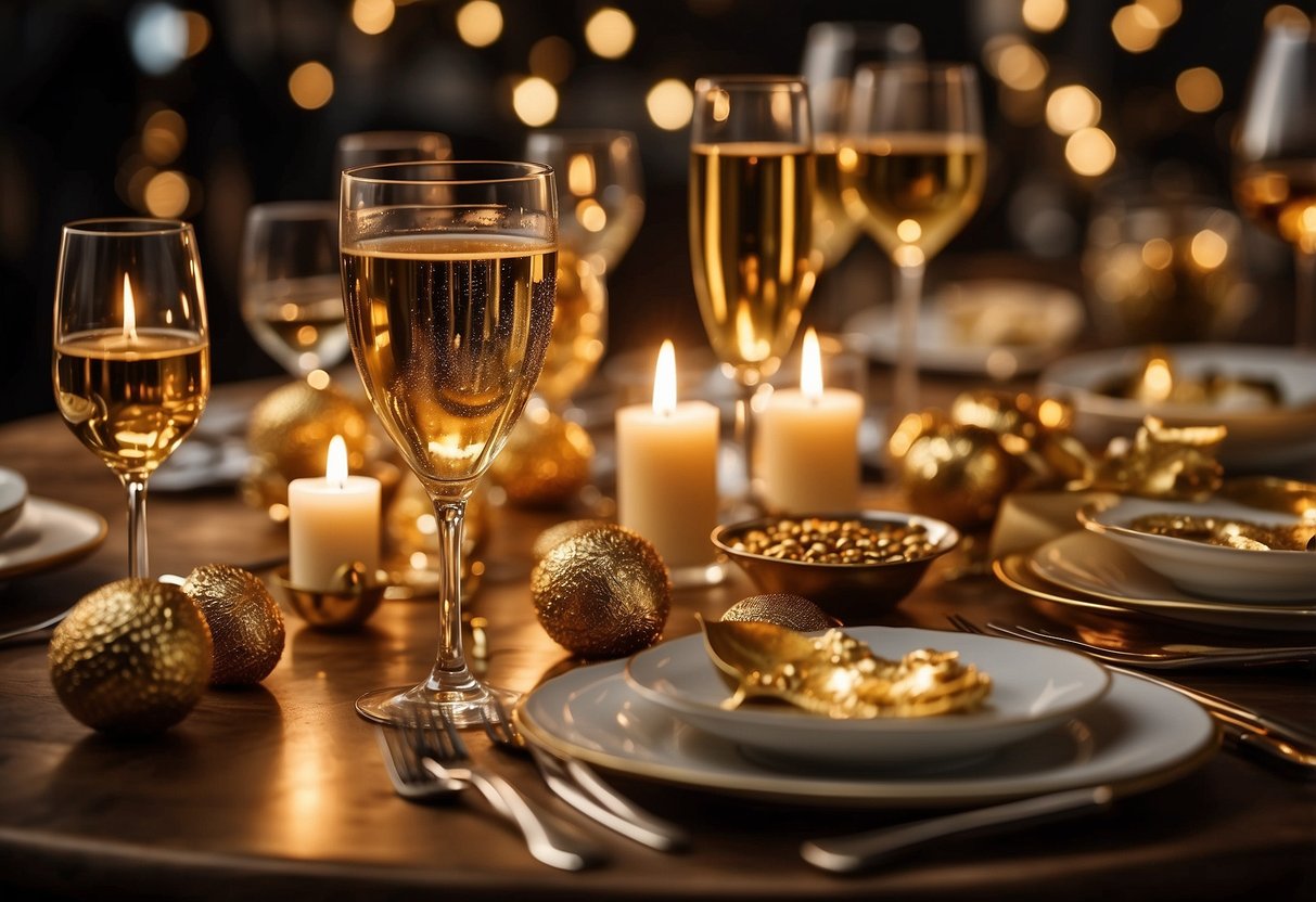 A table set with golden accents, surrounded by friends and family raising a toast. A photo album and golden decorations adorn the room