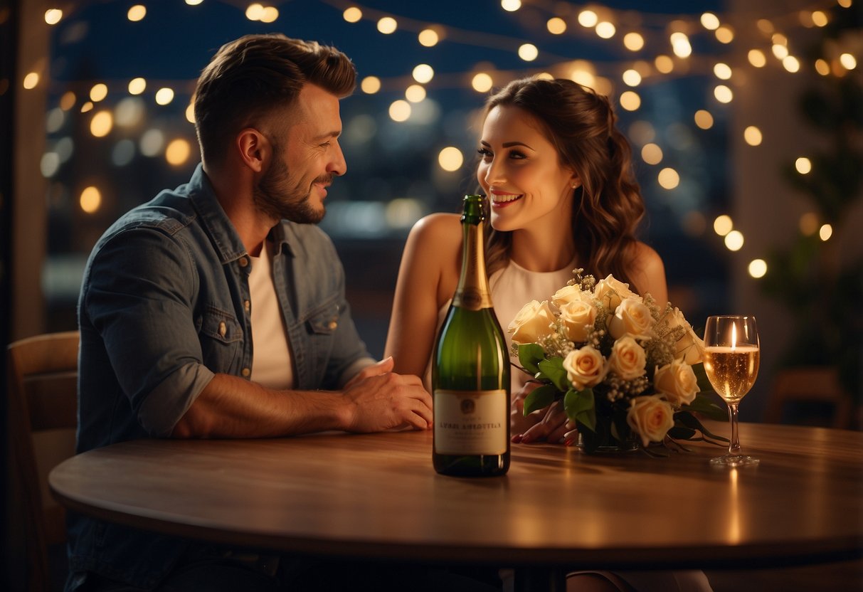 A couple sits at a candlelit table, surrounded by photos from their first date. A bouquet of flowers and a bottle of champagne adorn the table