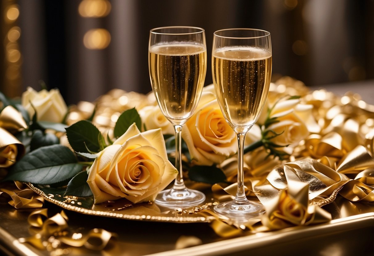 Two champagne glasses with custom engravings sit on a golden tray, surrounded by shimmering confetti and a bouquet of golden roses