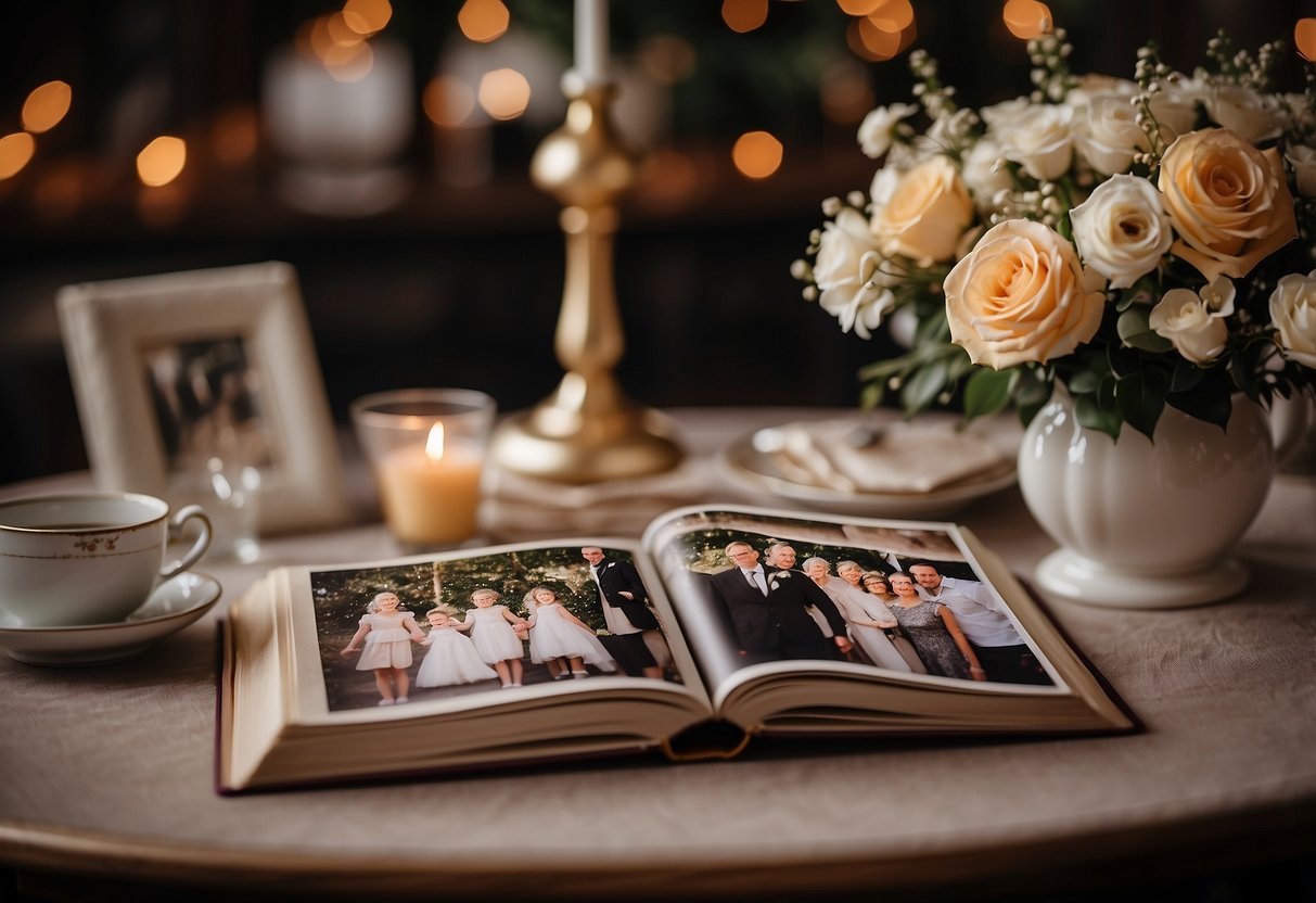 A photo album open on a table, filled with pictures of a couple celebrating their 70th wedding anniversary. A cake with "70th" topper and a vase of flowers sit nearby