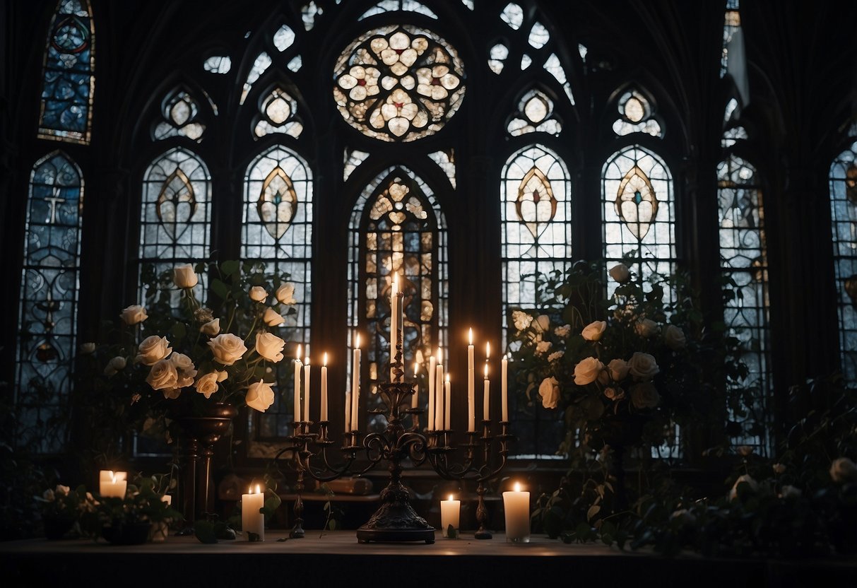 A dark, candlelit chapel with ornate stained glass windows, a grand, overgrown garden with gothic arches, and a table set with black roses and silver candelabras