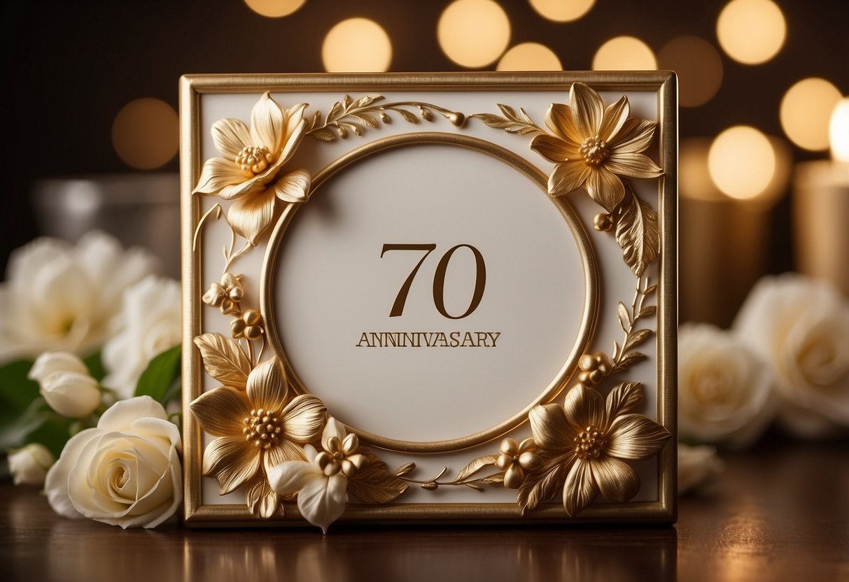 A vintage-style photo frame adorned with gold accents and a "70th Anniversary" plaque, surrounded by delicate floral decorations