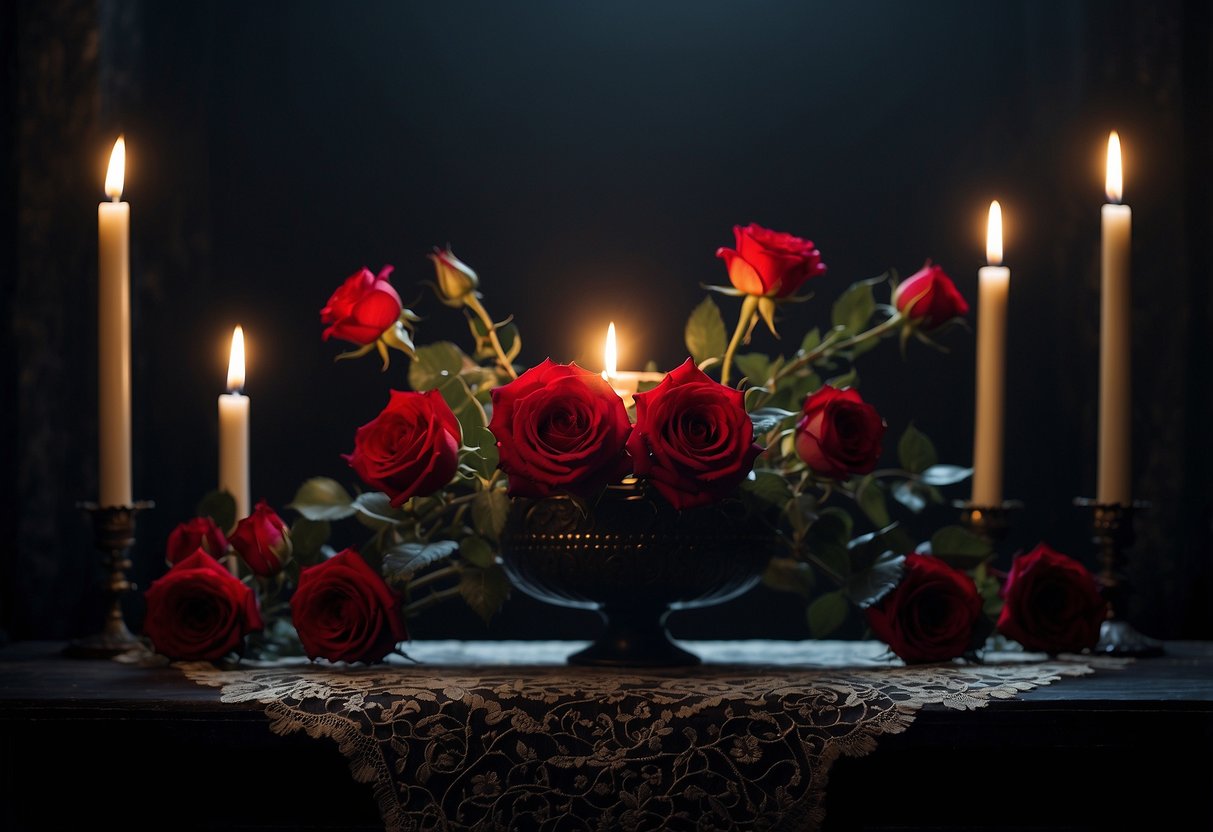 A dimly lit room with a black lace-covered table, adorned with a bouquet of deep red roses and thorny stems. A flickering candle casts eerie shadows across the gothic-inspired setting