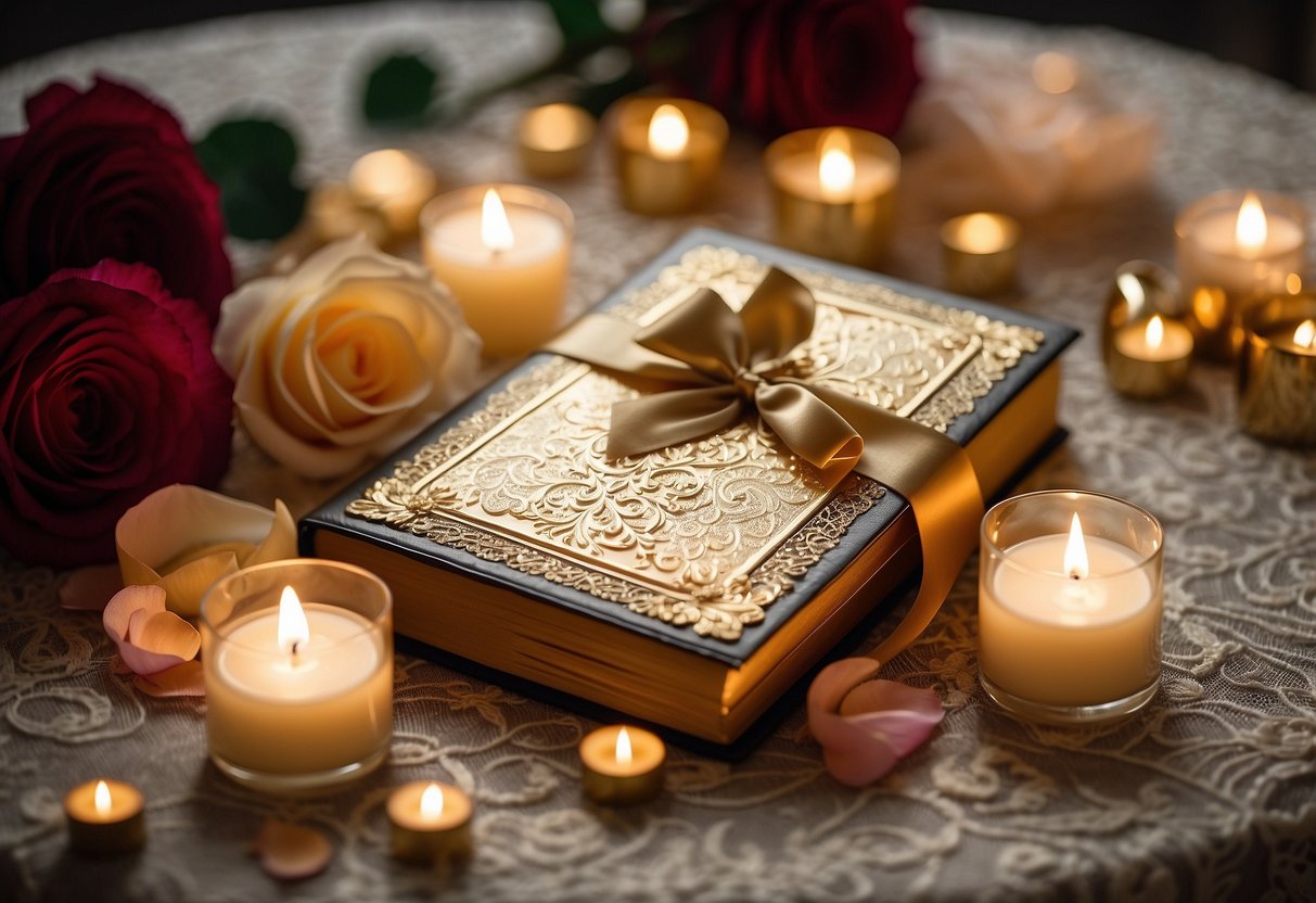 A golden photo album sits on a lace tablecloth, surrounded by scattered rose petals and flickering candles. A champagne flute and vintage wedding invitation complete the elegant display