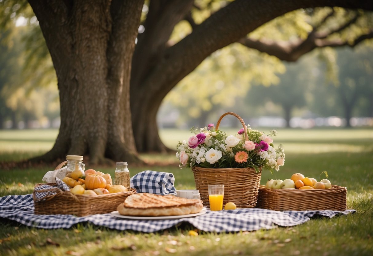 A quaint picnic set up under a large oak tree with a checkered blanket, baskets of food, and a bouquet of flowers in celebration of a 70th wedding anniversary