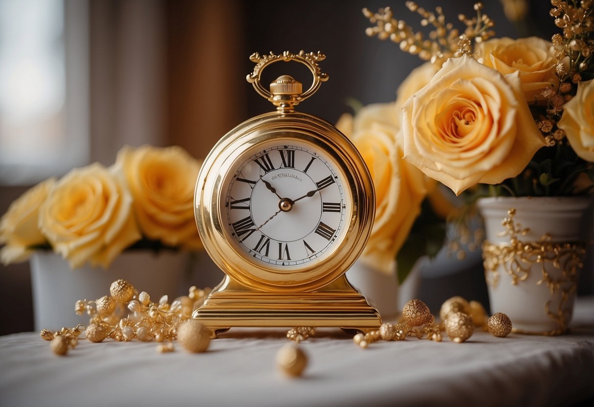 A beautiful golden anniversary clock sits on a mantle, surrounded by shimmering decorations and a bouquet of golden flowers