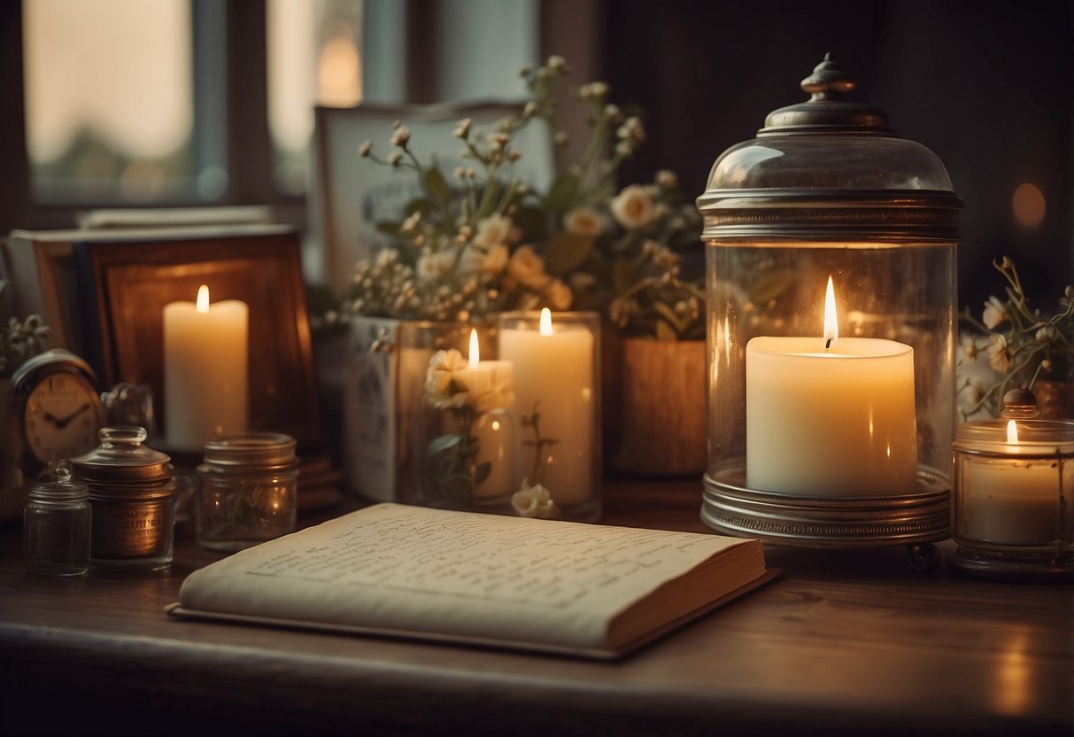 A table with a vintage-looking memory jar surrounded by old photographs, love letters, and small trinkets. A soft glow from nearby candles adds to the romantic atmosphere