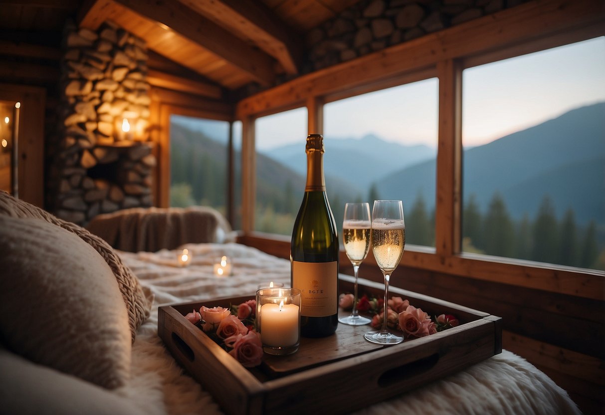 A cozy cabin nestled in the mountains, with a crackling fireplace and a bottle of champagne on ice. Rose petals scattered on the bed and soft, ambient lighting create a warm and intimate atmosphere for a romantic getaway