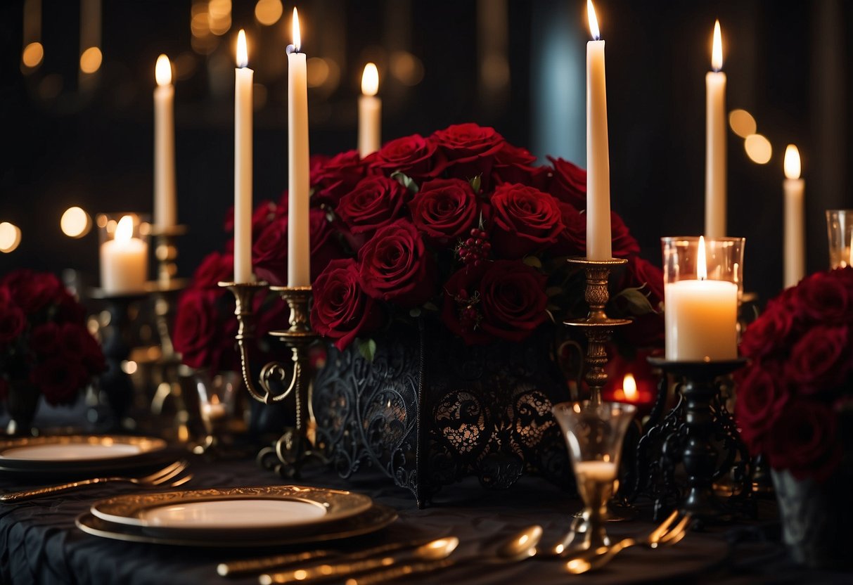 A dark, elegant wedding table adorned with candelabra centerpieces casting a warm glow, surrounded by deep red roses and black lace accents