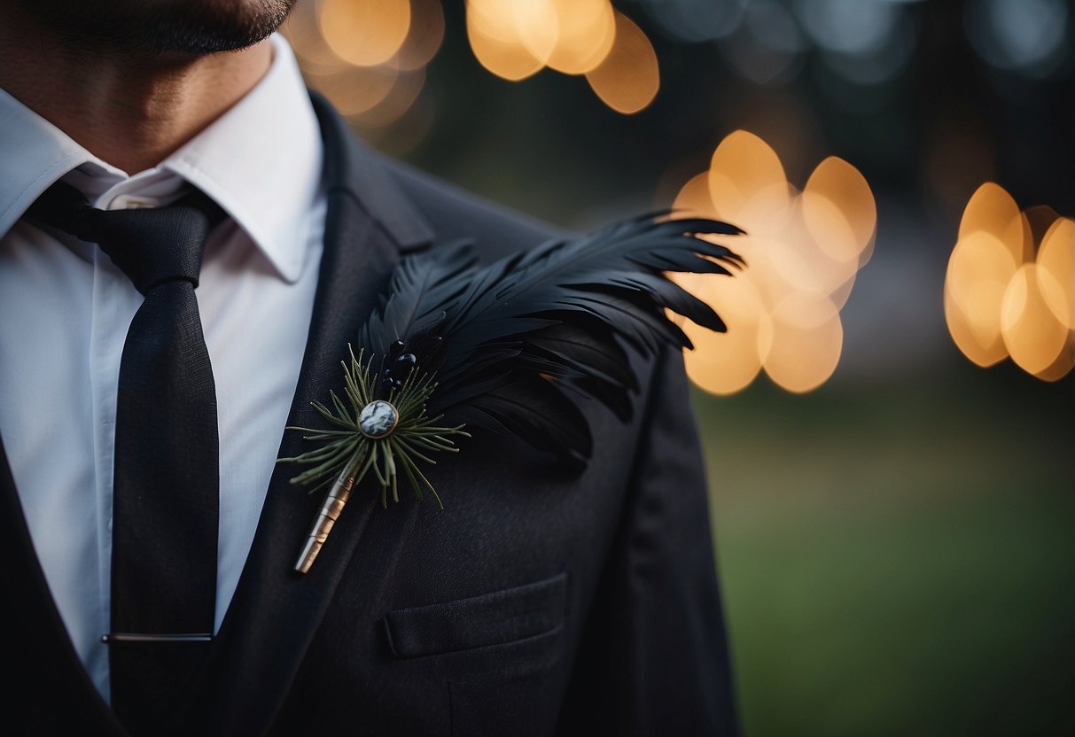 A raven feather boutonniere pinned to a black suit lapel