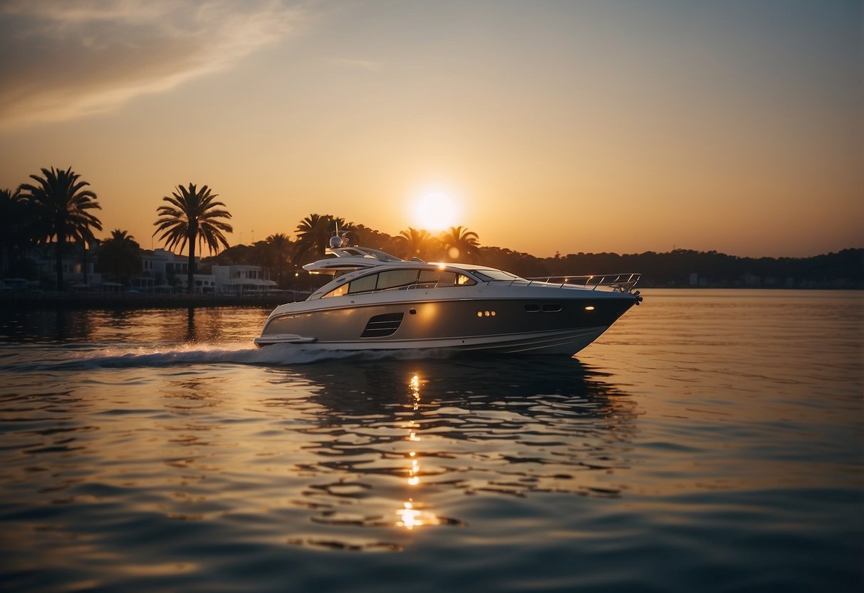 A luxurious boat glides through shimmering waters, adorned with elegant decorations and soft lighting, as a romantic dinner is served to celebrate a golden wedding anniversary