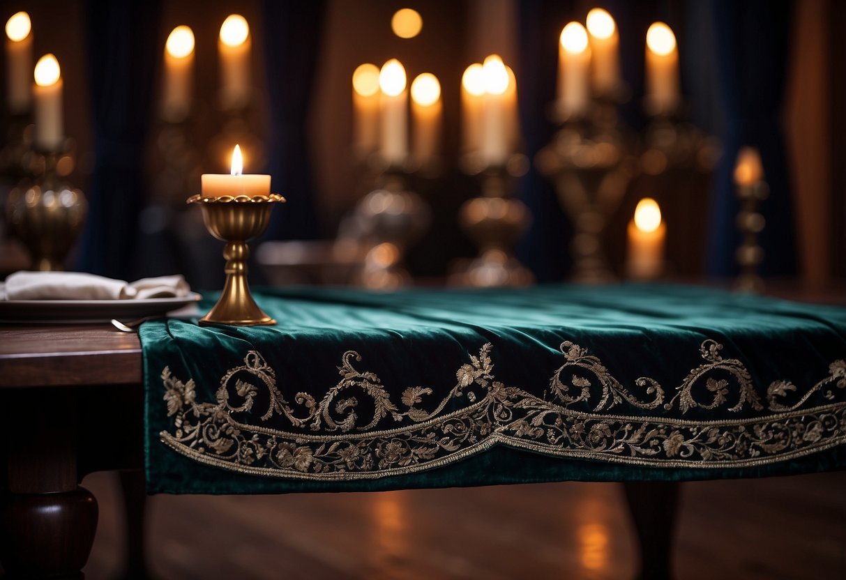 A long velvet table runner drapes across a dark wooden table, adorned with intricate gothic details and elegant candlesticks