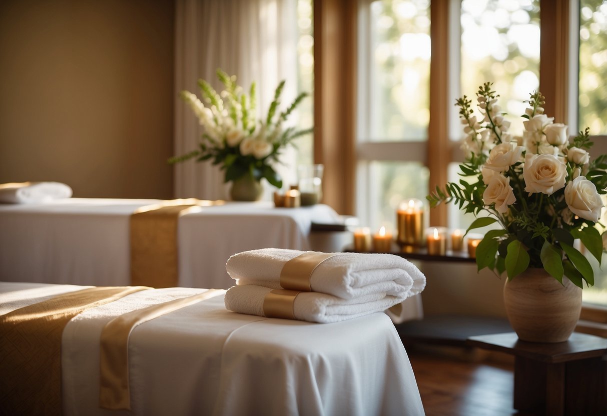 A serene spa room with two massage tables, soft lighting, and a tranquil ambiance. A vase of fresh flowers and soothing music complete the intimate setting for a couple's golden wedding anniversary spa day