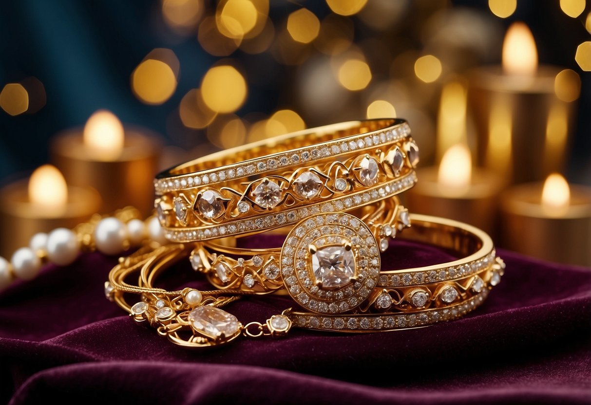 A shimmering gold jewelry set displayed on a velvet cushion, surrounded by golden anniversary decorations and candles