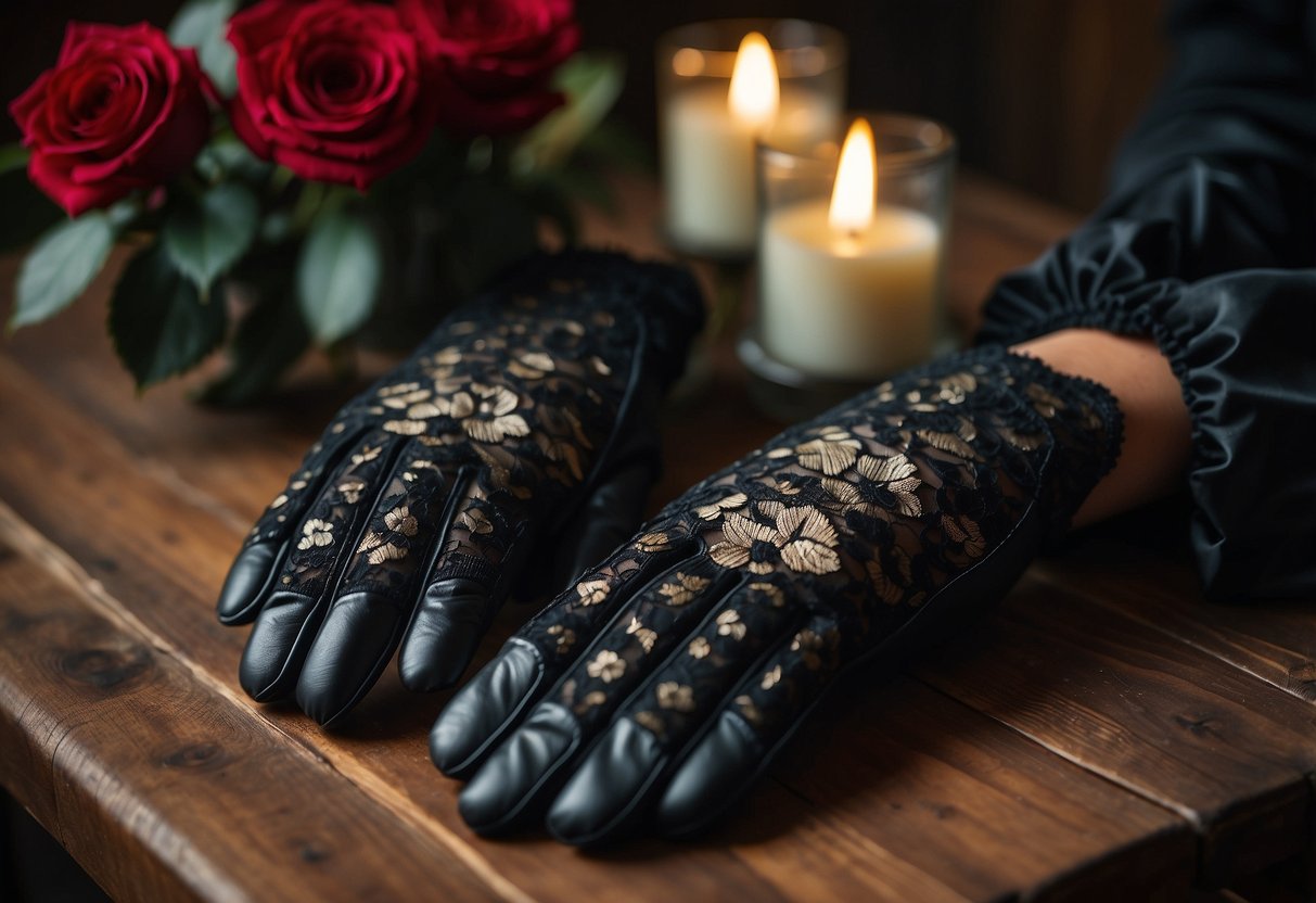 Vintage black lace gloves lay on a rustic wooden table surrounded by dark red roses and flickering candlelight