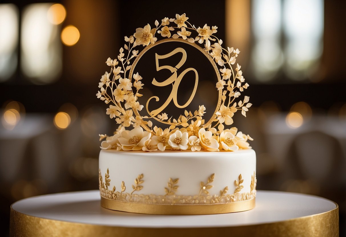 A golden "50" cake topper stands atop a three-tiered white cake adorned with delicate golden flowers and intricate lace details