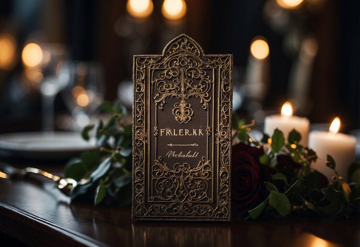 A dimly lit table adorned with ornate skeleton key place cards for a gothic wedding