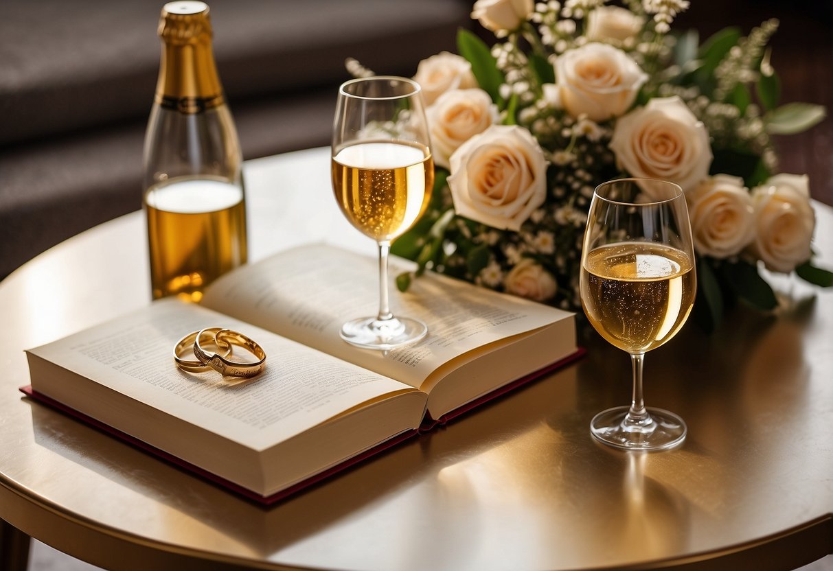 A couple's personalized love story book displayed on a golden anniversary table with champagne glasses and a bouquet of flowers