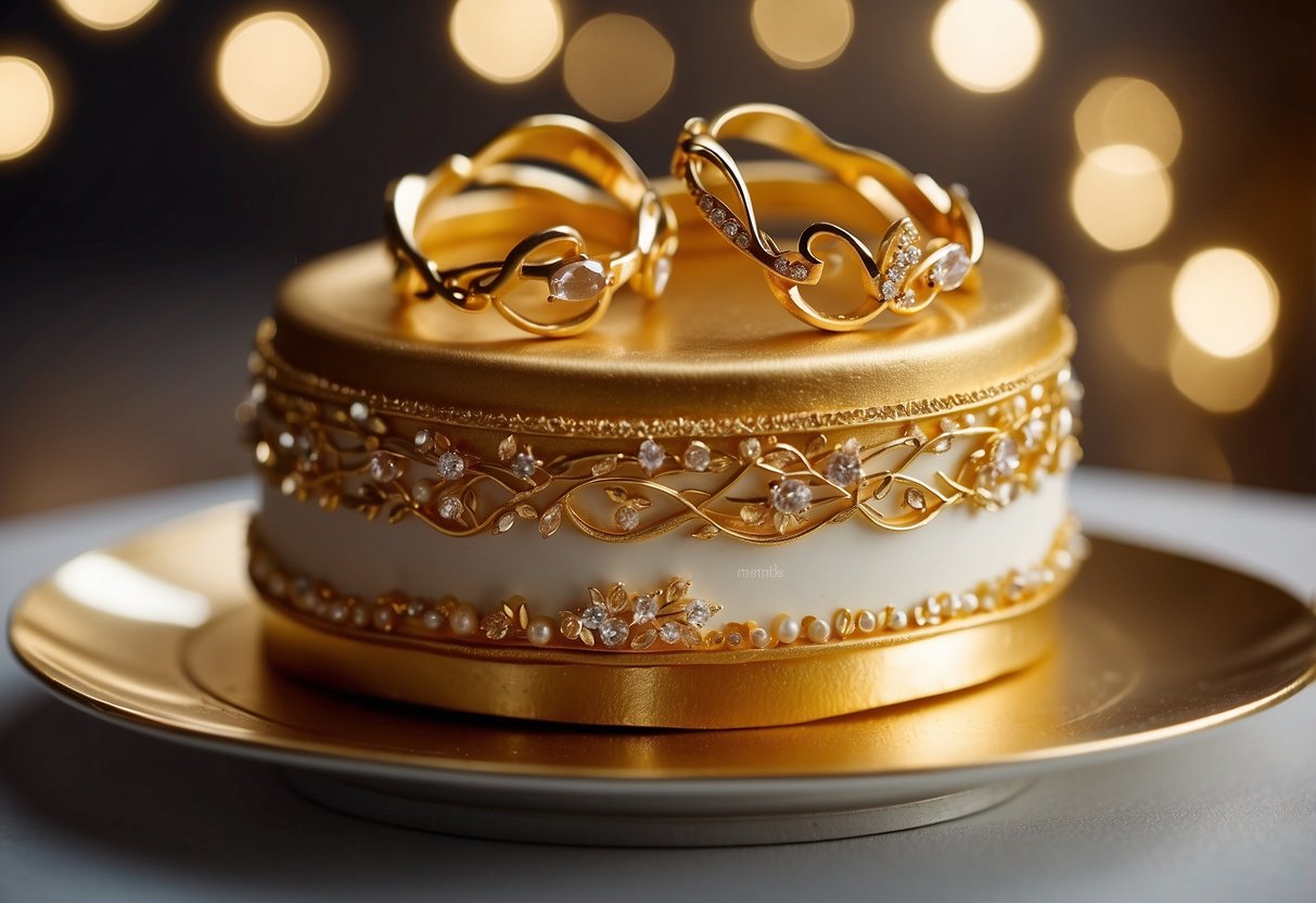 A golden wedding anniversary cake surrounded by shimmering decorations and a pair of intertwined golden rings