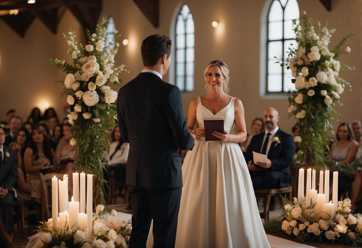 A wedding officiant stands at the altar, holding a book and speaking to the couple in front of them. The room is filled with flowers and soft lighting, creating a warm and romantic atmosphere