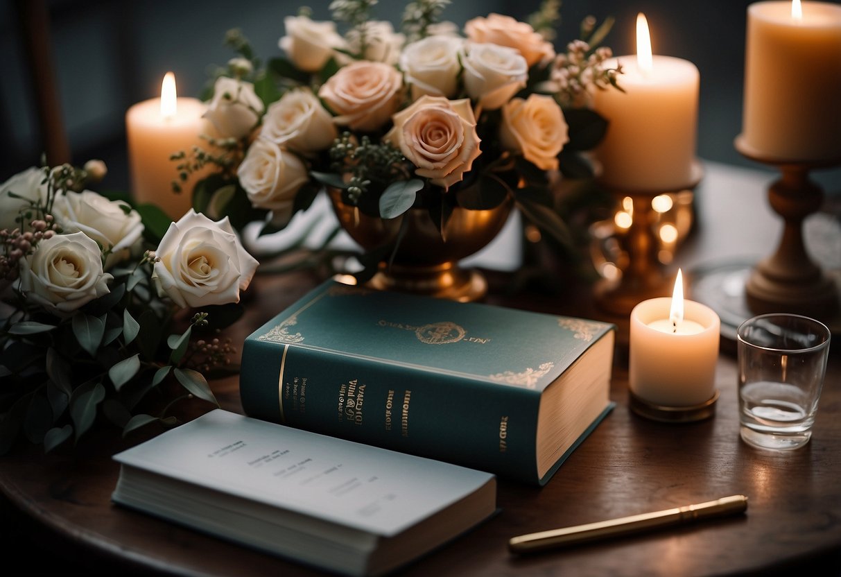 A table with a stack of wedding officiant tips booklets, surrounded by elegant floral arrangements and soft candlelight