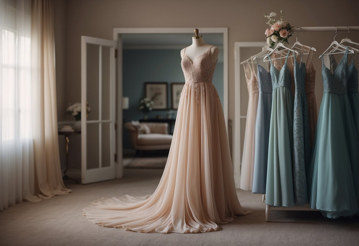 A flowing, elegant gown in a soft pastel hue hangs on a hanger, waiting to be worn by the mother of the bride