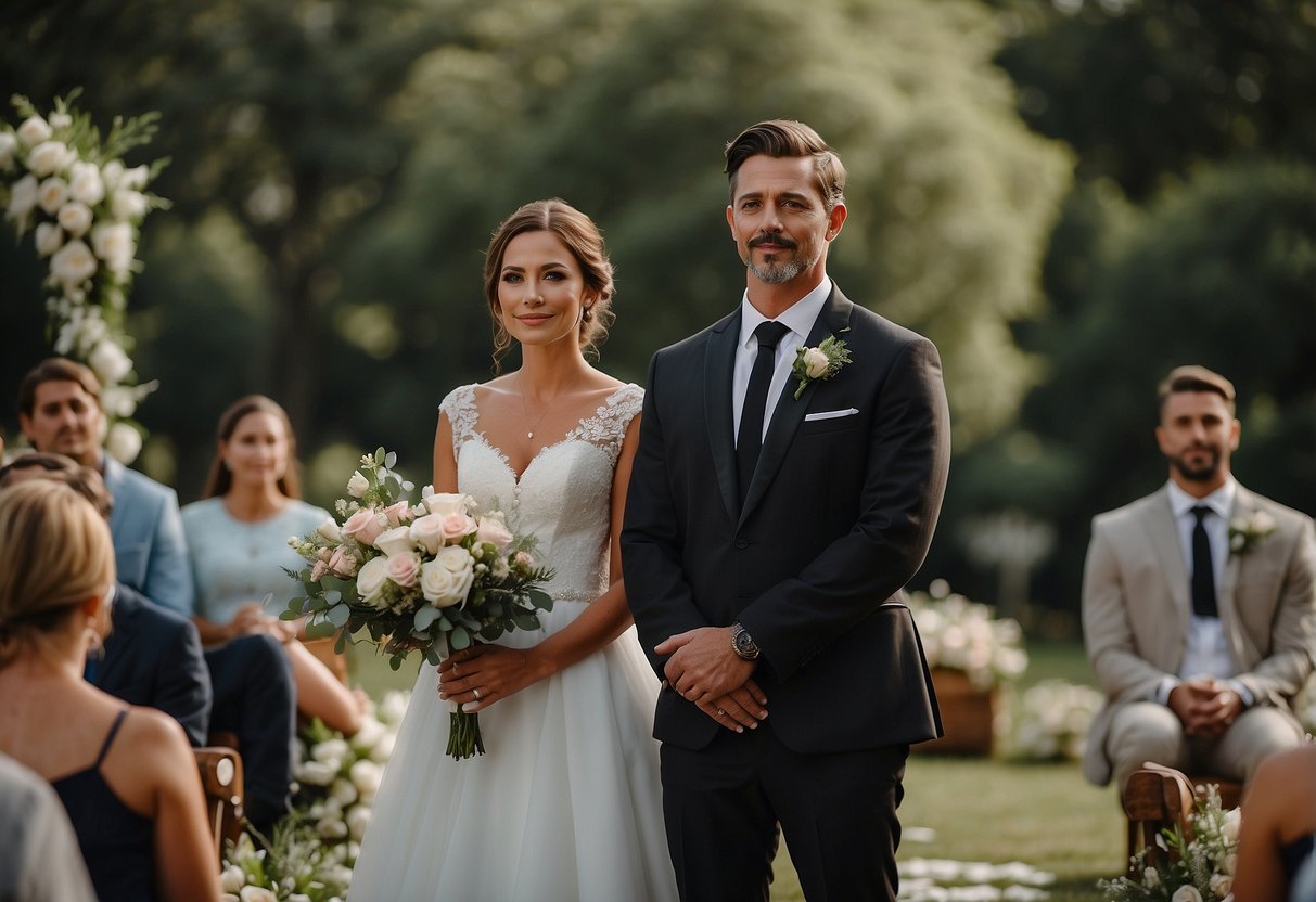 A wedding officiant stands in front of a couple, dressed in formal attire, with a serene and respectful demeanor. The setting is a beautiful outdoor ceremony with floral decorations and a peaceful ambiance