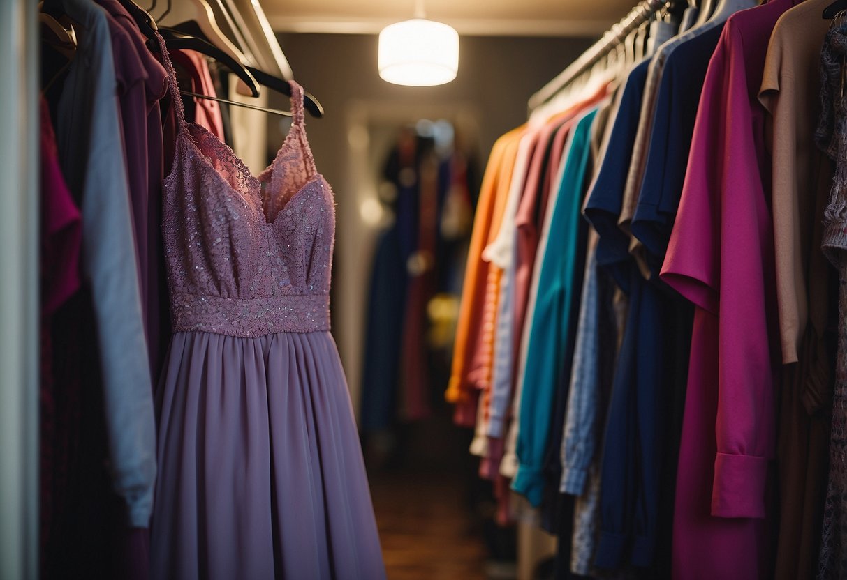 A mauve dress hangs in a cluttered closet, surrounded by other colorful garments