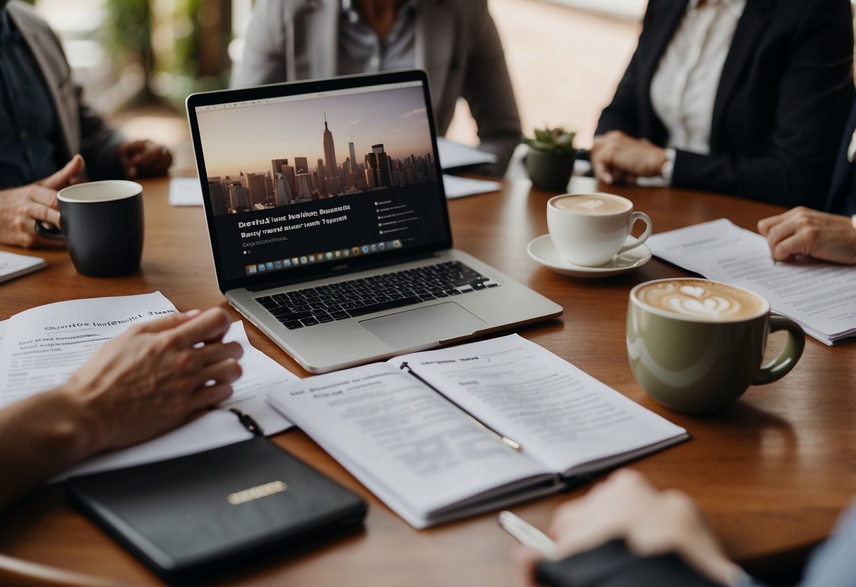 Vendors discuss wedding officiant tips at a round table, exchanging ideas and notes. A laptop and paperwork are spread out, with coffee mugs nearby