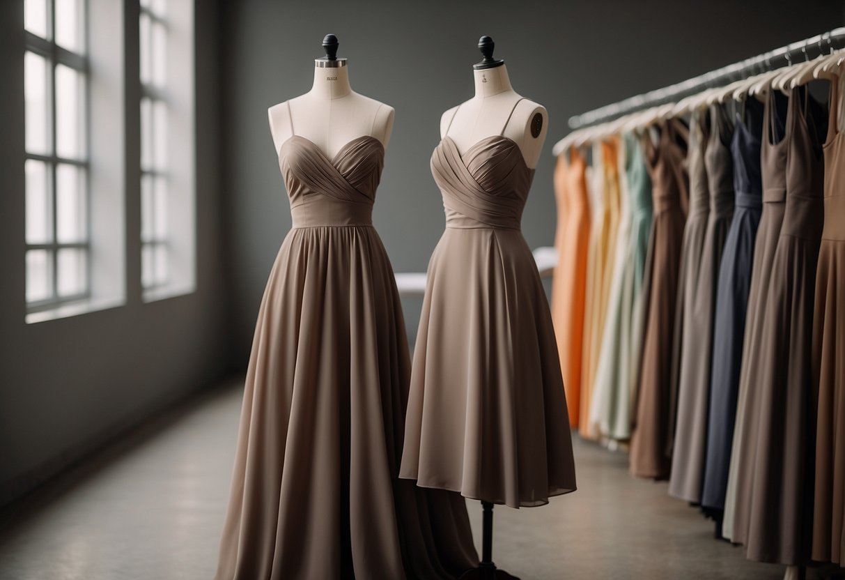 A taupe dress hangs on a mannequin, surrounded by swatches of fabric in various shades. A color wheel sits nearby, with the mother of the bride's preferred color highlighted