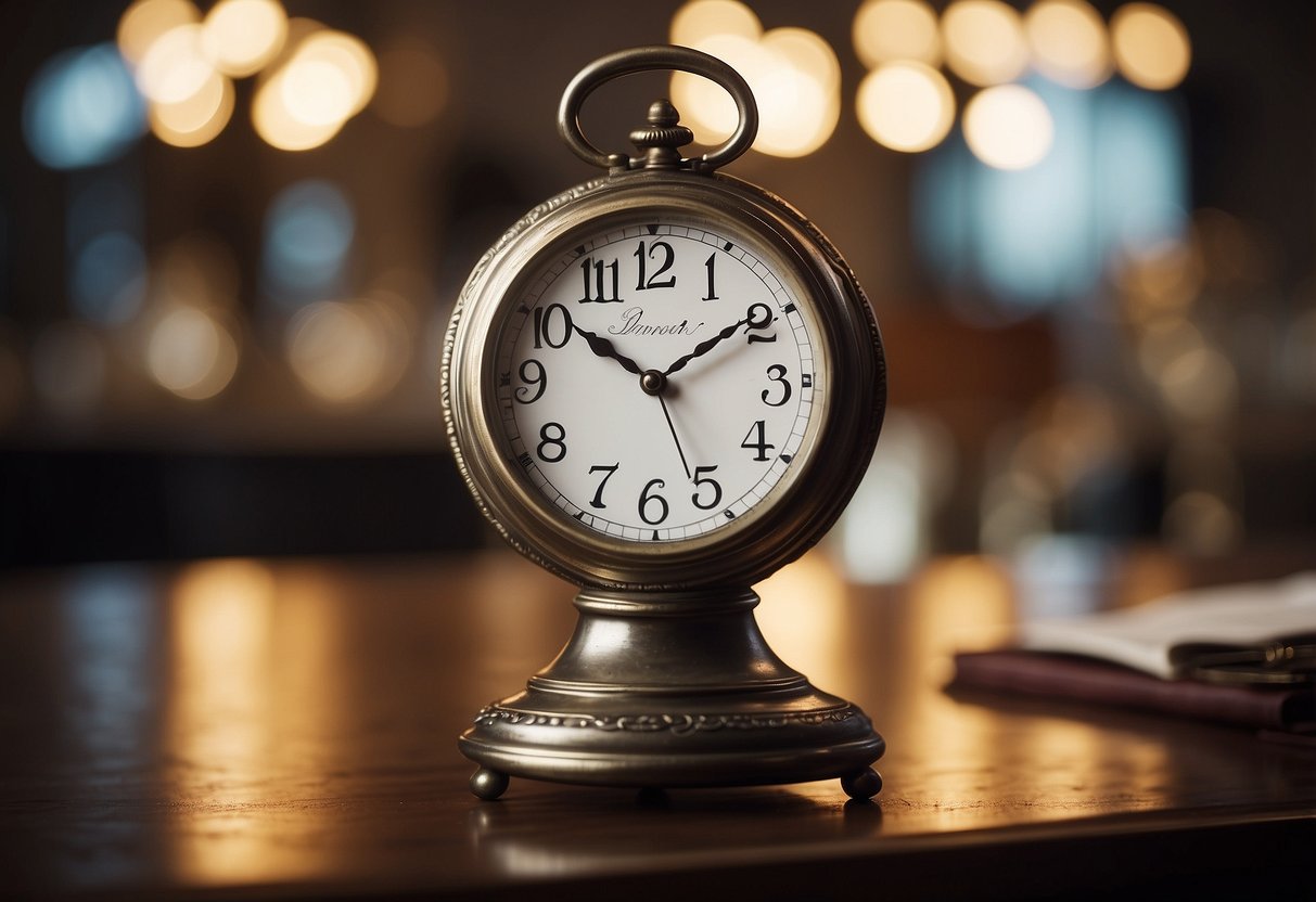 A clock showing 3:00, a neatly arranged ceremony space, and a sign reading "Be Punctual" in elegant calligraphy