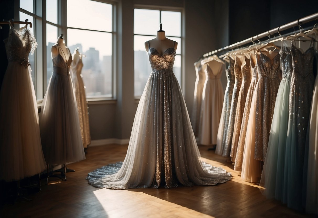 A silver dress hangs in a sunlit room, surrounded by swatches of various colors