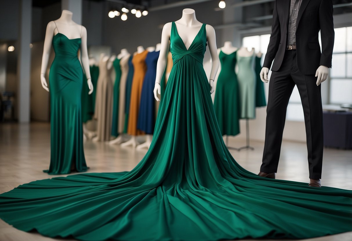 Emerald Green fabric draped over a mannequin, surrounded by swatches of various colors