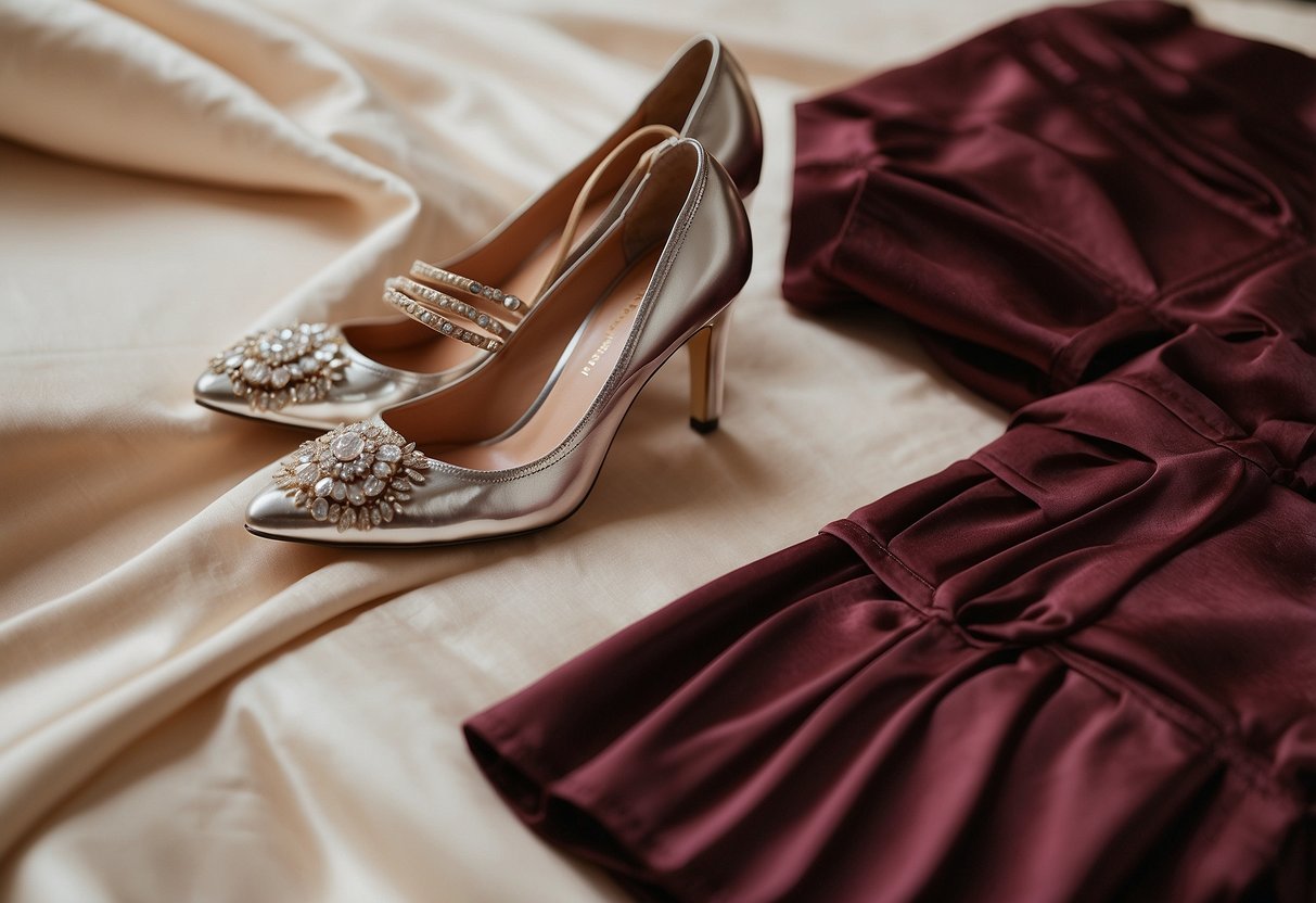 A burgundy dress hangs next to a silver clutch and matching shoes on a cream-colored bedspread